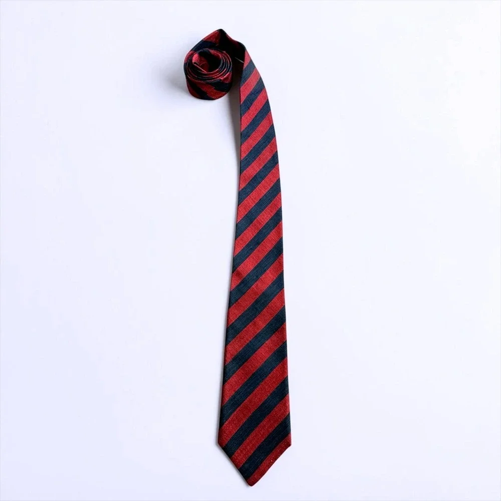 Hand Do Mens Silk Tie Red Navy Blue Diagonal Striped Hand Woven Made in Korea